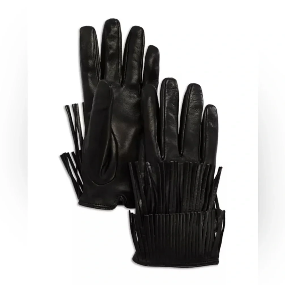 Bloomingdale's Fancy Fringed Leather Gloves in Black, Size 6.5 New w/Tag $158